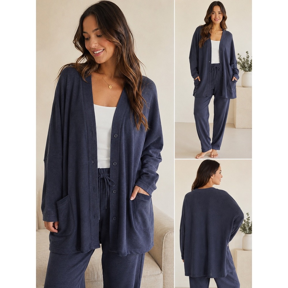 Women's Tommy John Waffle Knit Cardigan XL/XXL Night Sky Blue Loungewear NWT